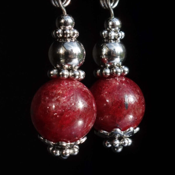 Natural Ruby Earrings Semi-Precious Stone Beads Rhodium Plated 925 Sterling Silver Hooks