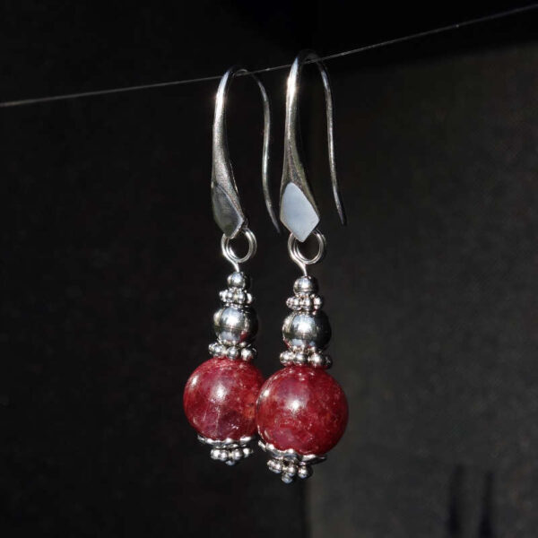 Natural Ruby Earrings Semi-Precious Stone Beads Rhodium Plated 925 Sterling Silver Hooks