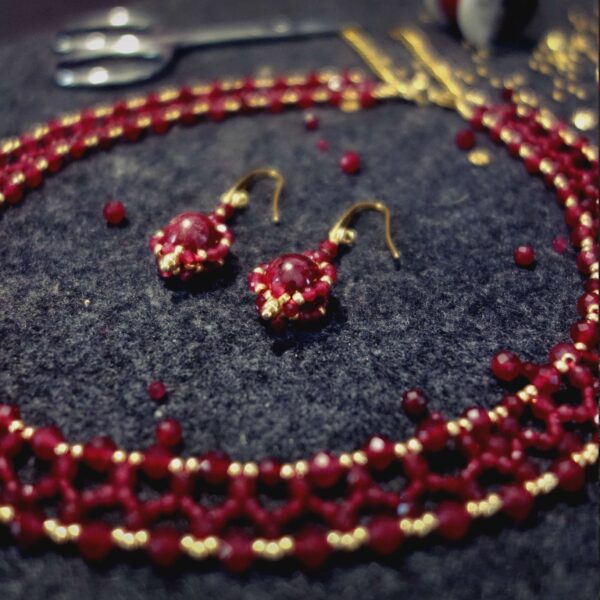 Ruby Red Set Necklace and Earrings Natural Ruby Red Chalcedony Golden Miyuki Beads Hypoallergic Stainless Steel