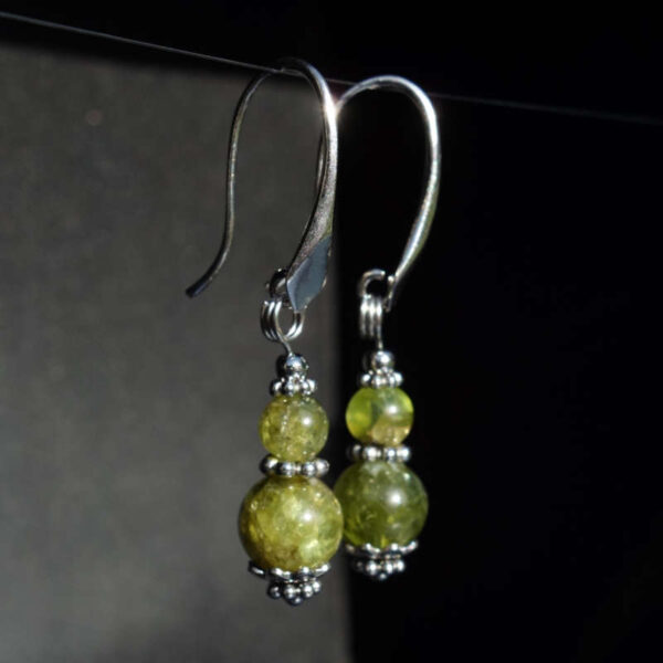 Natural Olivine Peridot Earrings Semi-Precious Stone Beads Rhodium Plated 925 Sterling Silver Hooks