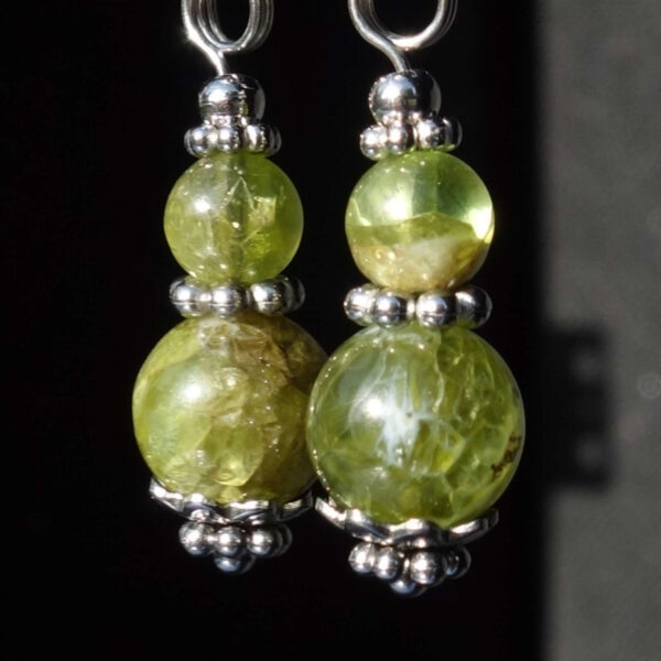 Natural Olivine Peridot Earrings Semi-Precious Stone Beads Rhodium Plated 925 Sterling Silver Hooks