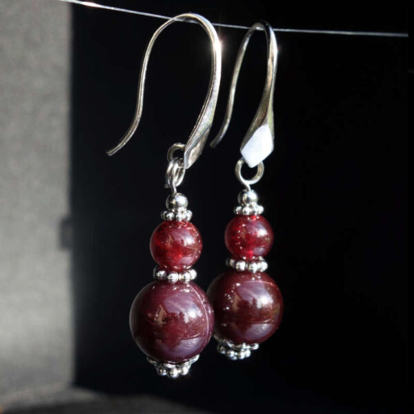 Star Garnet Earrings Purple Starlight Garnet Almandine Semi-Precious Gemstone Beads Rhodium Plated 925 Sterling Silver Hooks