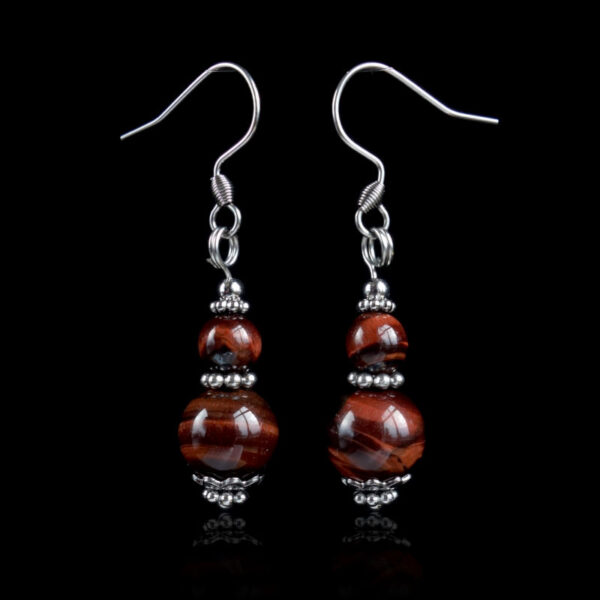 Red Tiger's Eye Earrings Semi-Precious Gemstone Beads Hypoallergic Stainless Steel Hooks