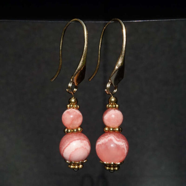 Rhodochrosite Earrings Semi-Precious Stone Beads Real 18k Gold Plated 925 Sterling Silver Hooks