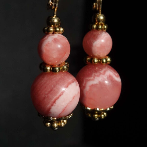 Rhodochrosite Earrings Semi-Precious Stone Beads Real 18k Gold Plated 925 Sterling Silver Hooks