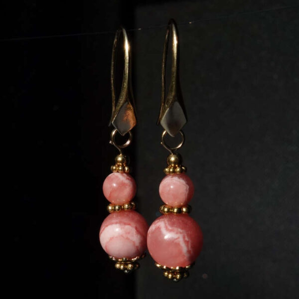 Rhodochrosite Earrings Semi-Precious Stone Beads Real 18k Gold Plated 925 Sterling Silver Hooks