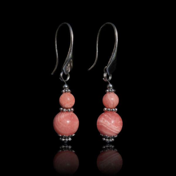 Rhodochrosite Earrings Semi-Precious Stone Beads Rhodium Plated 925 Sterling Silver Hooks