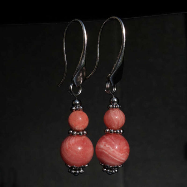 Rhodochrosite Earrings Semi-Precious Stone Beads Rhodium Plated 925 Sterling Silver Hooks