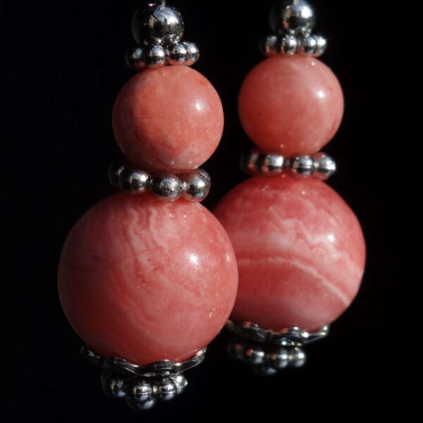 Rhodochrosite Earrings Semi-Precious Stone Beads Rhodium Plated 925 Sterling Silver Hooks