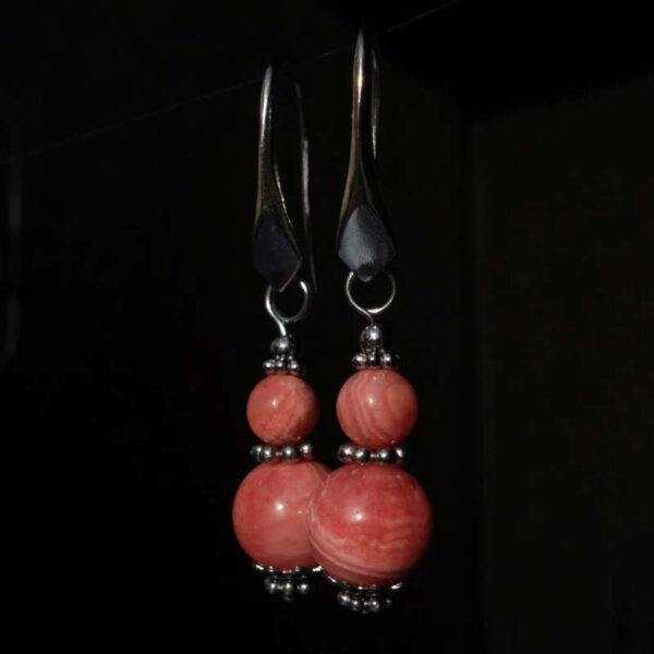 Rhodochrosite Earrings Semi-Precious Stone Beads Rhodium Plated 925 Sterling Silver Hooks