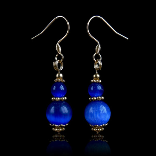 Sapphire Blue Chatoyant Cat's Eye Effect Glass Earrings with Hypoallergic Stainless Steel Hooks