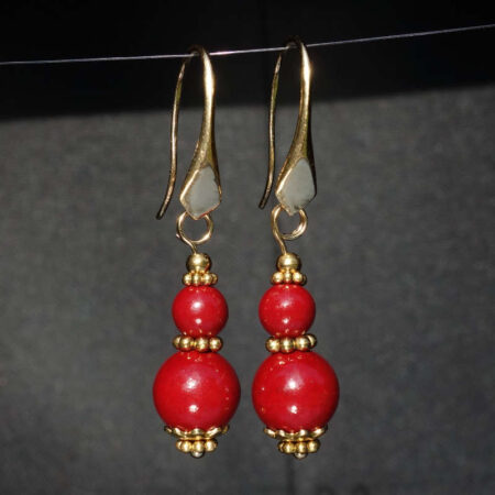 Vermilion Cinnabar Earrings Artisanal Stone Beads Real 18j Gold Plated 925 Sterling Silver Hooks