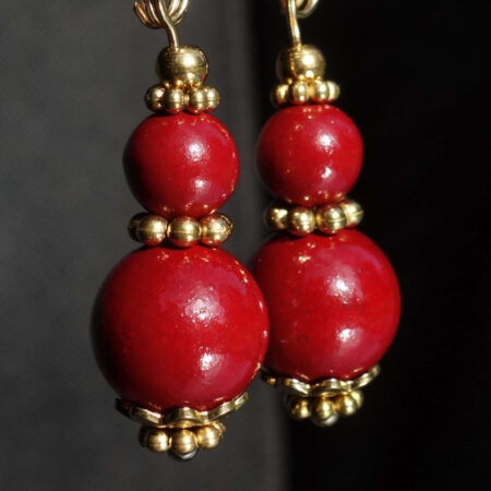Vermilion Cinnabar Earrings Artisanal Stone Beads Real 18j Gold Plated 925 Sterling Silver Hooks