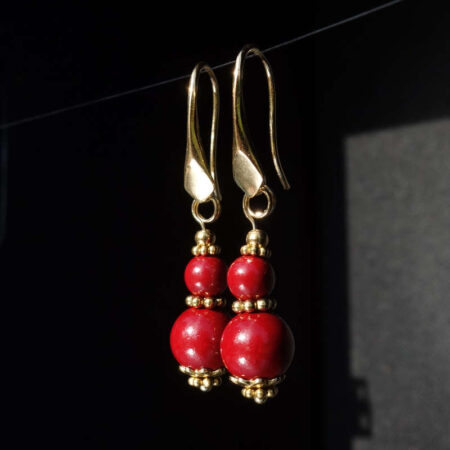 Vermilion Cinnabar Earrings Artisanal Stone Beads Real 18j Gold Plated 925 Sterling Silver Hooks