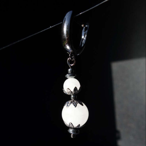 White Quartz Chalcedony Single Drop Earring Semi-Precious stone round beads Hypoallergic English Lock Hook