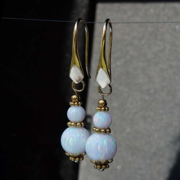 White Fire Lab Opal Earrings Semi-Precious Stone Beads Real 18k Gold Plated 925 Sterling Silver Hooks