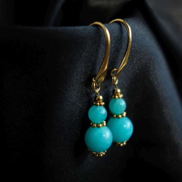 Russian Amazonite Earrings Semi-Precious Stone Beads Real 18k Gold Plated 925 Sterling Silver Hooks