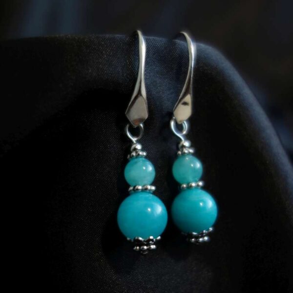 Russian Amazonite Earrings Semi-Precious Stone Beads Rhodium Plated 925 Sterling Silver Hooks