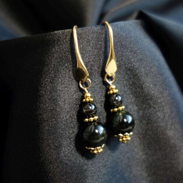 Black Star Diopside Earrings Semi-Precious Stone Beads Real 18k Gold Plated 925 Sterling Silver Hooks