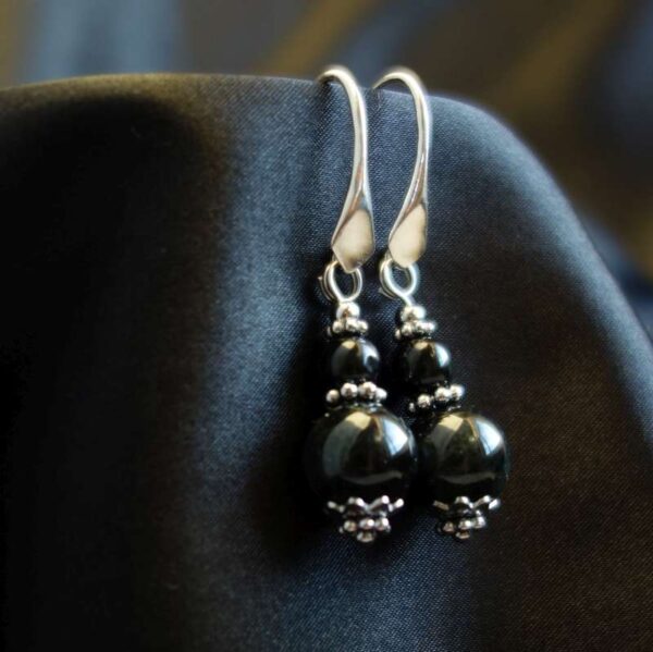 Black Star Diopside Earrings Semi-Precious Stone Beads Rhodium Plated 925 Sterling Silver Hooks