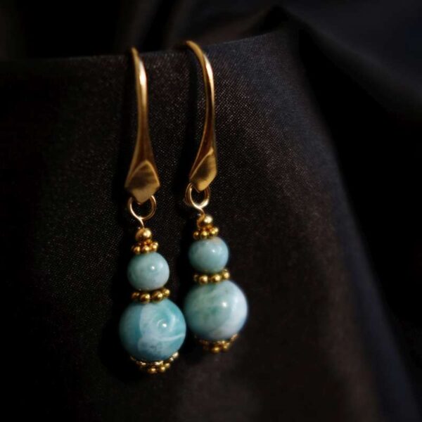 Natural Larimar Earrings Semi-Precious Stone Beads Real 18k Gold Plated 925 Sterling Silver Hooks