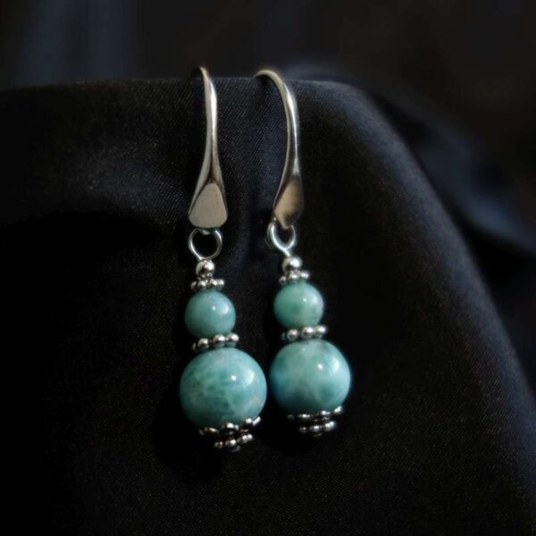 Natural Larimar Earrings Semi-Precious Stone Beads Rhodium Plated 925 Sterling Silver Hooks