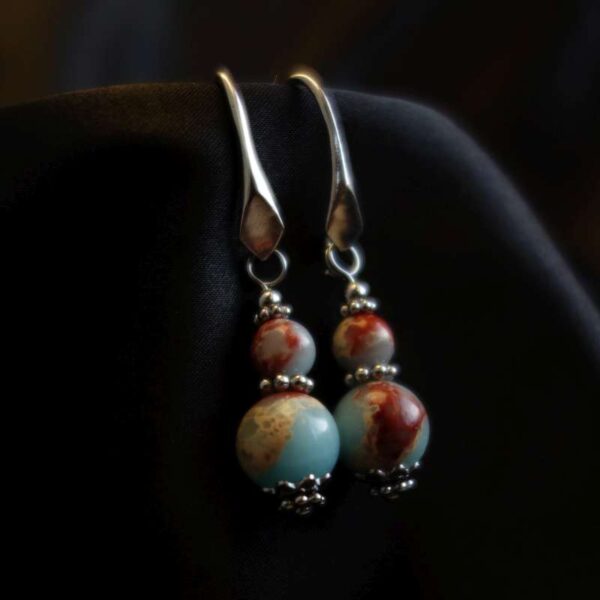 Shoushan Stone Earrings Agalmatolite Semi-Precious Stone Rhodium Plated 925 Sterling Silver Hooks