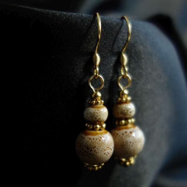 Beige Glazed Ceramic Earring Ceramic Beads Hypoallergic Stainless Steel Hooks