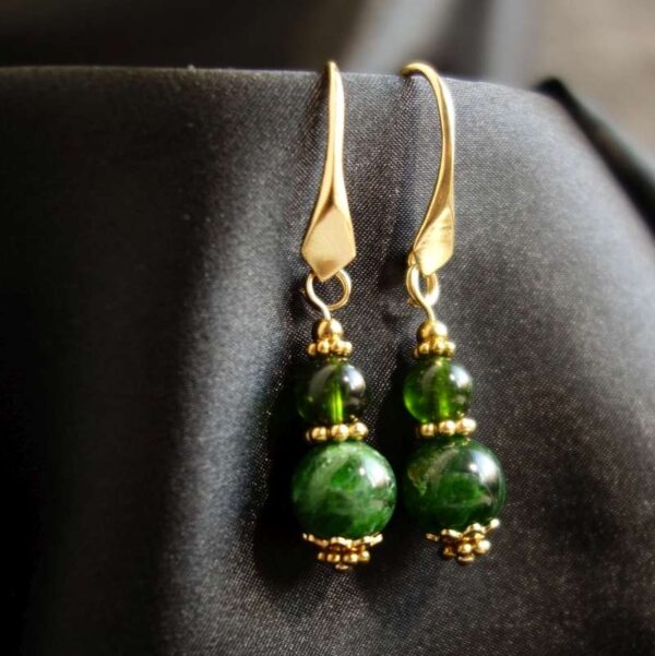 Chrome Diopside Earrings Semi-Precious Stone Beads Real 18k Gold Plated 925 Sterling Silver Hooks