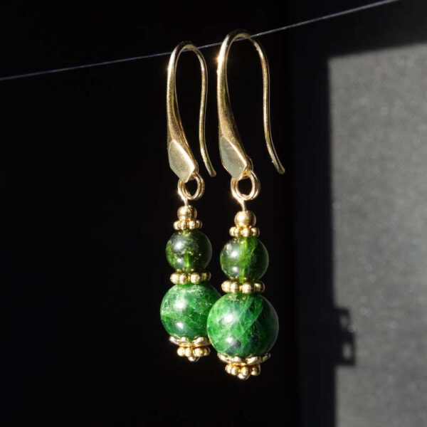 Chrome Diopside Earrings Semi-Precious Stone Beads Real 18k Gold Plated 925 Sterling Silver Hooks