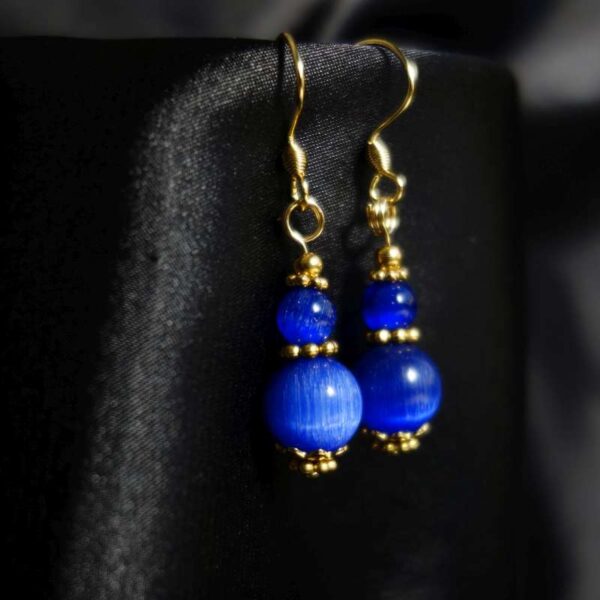 Sapphire Blue Chatoyant Cat's Eye Effect Glass Earrings with Hypoallergic Stainless Steel Hooks