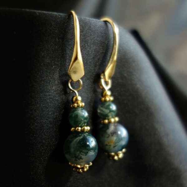 Misty Moss Agate Earrings Semi-Precious Stone Real 18k Gold Plated 925 Sterling Silver Hooks