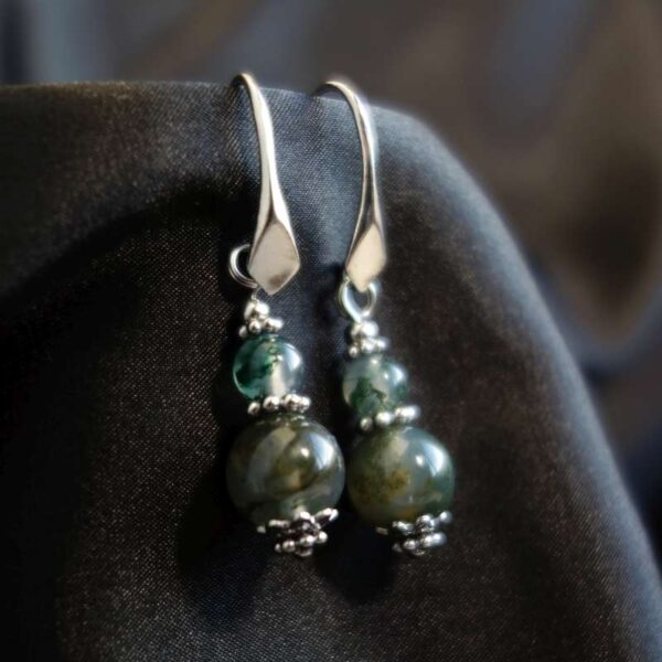 Misty Moss Agate Earrings Semi-Precious Stone Rhodium Plated 925 Sterling Silver Hooks