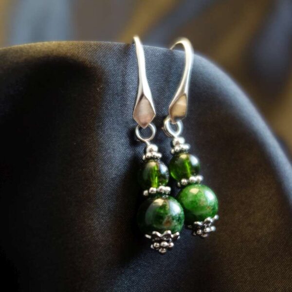 Chrome Diopside Earrings Semi-Precious Stone Beads Rhodium Plated 925 Sterling Silver Hooks