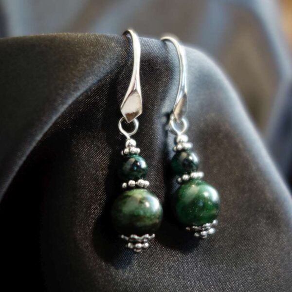 Emerald in Fuchsite Earrings Semi-Precious Stone Beads Rhodium Plated 925 Sterling Silver Hooks