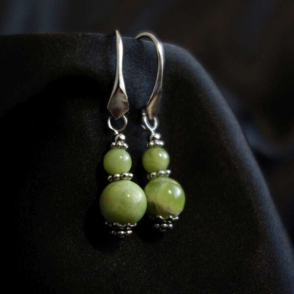 Idocrase Vesuvianite Earrings Semi-Precious Stone Beads Rhodium Plated 925 Sterling Silver Hooks