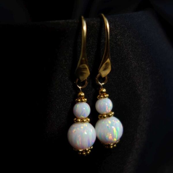 White Fire Lab Opal Earrings Semi-Precious Stone Beads Real 18k Gold Plated 925 Sterling Silver Hooks