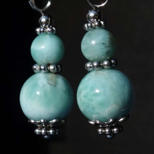 Natural Larimar Earrings Semi-Precious Stone Beads Rhodium Plated 925 Sterling Silver Hooks