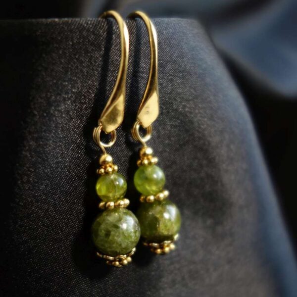 Natural Olivine Peridot Earrings Semi-Precious Stone Beads Real 18k Gold Plated 925 Sterling Silver Hooks