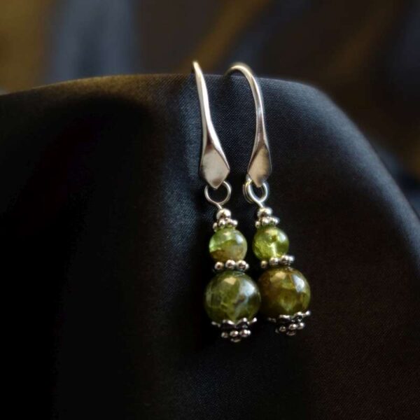 Natural Olivine Peridot Earrings Semi-Precious Stone Beads Rhodium Plated 925 Sterling Silver Hooks