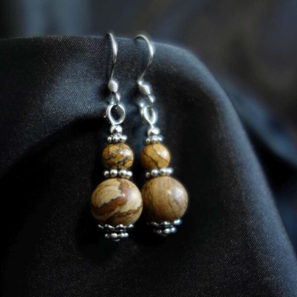 Picture Jasper Earrings Semi-Precious Gemstone Beads Hypoallergic Stainless Steel Hooks