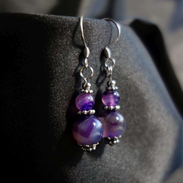 Misty Purple Dyed Agate Earrings Semi-Precious Stone Hypoallergic Stainless Steel Hooks