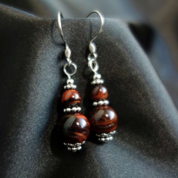 Red Tiger's Eye Earrings Semi-Precious Gemstone Beads Hypoallergic Stainless Steel Hooks