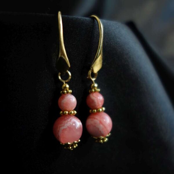 Rhodochrosite Earrings Semi-Precious Stone Beads Real 18k Gold Plated 925 Sterling Silver Hooks