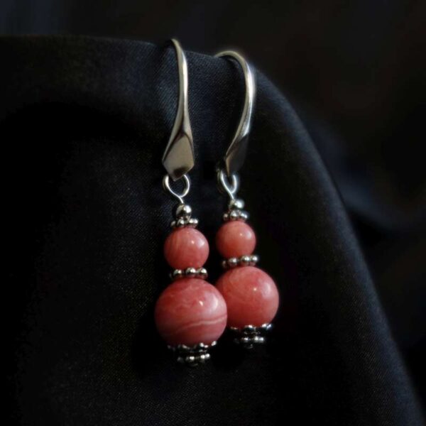 Rhodochrosite Earrings Semi-Precious Stone Beads Rhodium Plated 925 Sterling Silver Hooks