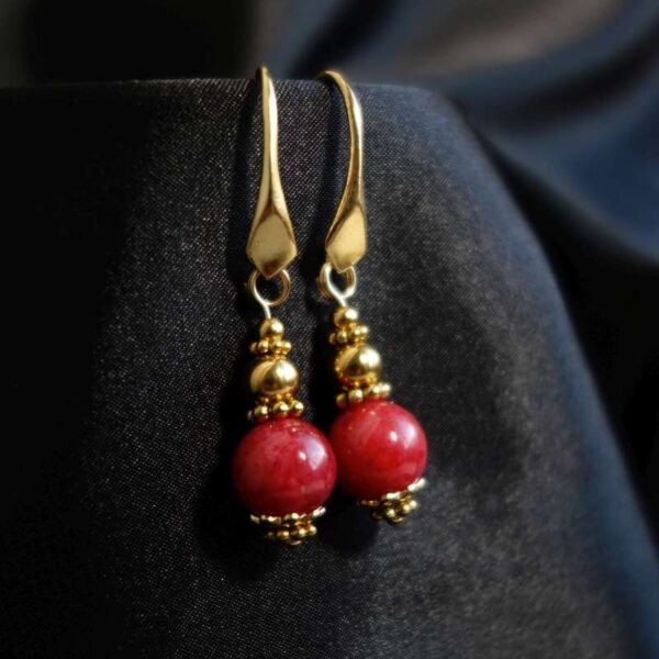 Vivid Rhodonite Earrings Semi-Precious Stone Beads Real 18k Gold Plated 925 Sterling Silver Hooks