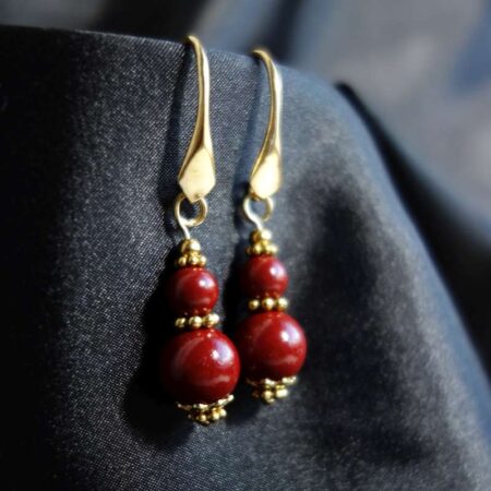 Vermillion red cinnabar beaded earrings with real gold plated 925 silver hooks
