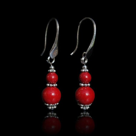 Vermilion Cinnabar Earrings Artisanal Stone Beads Rhodium Plated 925 Sterling Silver Hooks