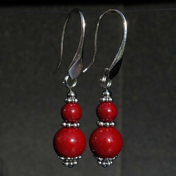 Vermilion Cinnabar Earrings Artisanal Stone Beads Rhodium Plated 925 Sterling Silver Hooks