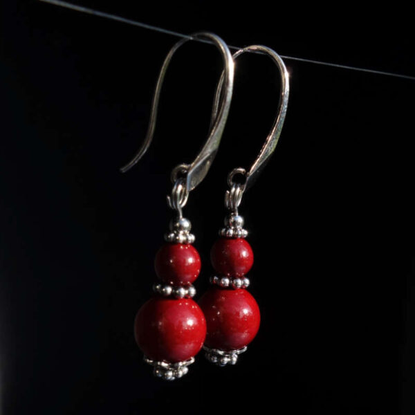 Vermilion Cinnabar Earrings Artisanal Stone Beads Rhodium Plated 925 Sterling Silver Hooks